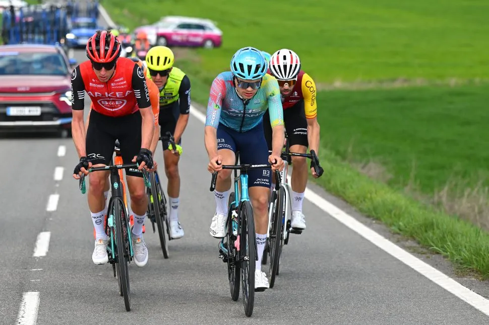 ESTELLA-LIZARRA, SPAIN - APRIL 05: (L-R) Edoardo Zamperini of Italy and Team Arkea - B&B Hotels and Anthon Charmig of Denmark and Team XDS Astana compete in the breakaway during the 34th Gran Premio Miguel Indurain 2025 a 203.9km one day race from Estella-Lizarra to Estella-Lizarra on April 05, 2025 in Estella-Lizarra, Spain. (Photo by Tim de Waele/Getty Images)