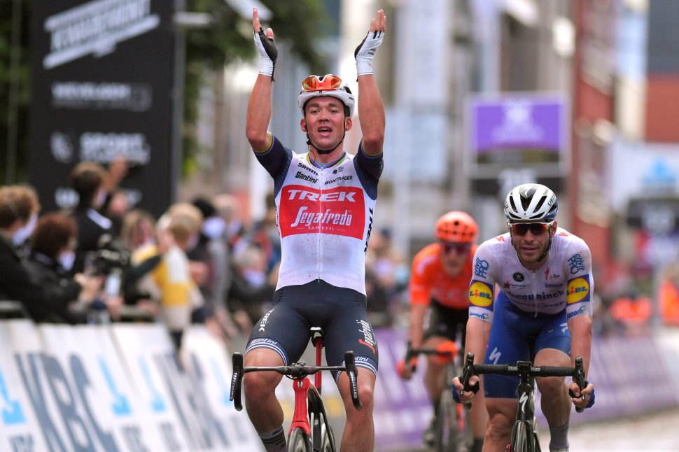 WEVELGEM, BELGIUM - OCTOBER 11: Arrival / Mads Pedersen of Denmark and Team Trek - Segafredo / Celebration / Florian Senechal of France and Team Deceuninck - Quick-Step / Matteo Trentin of Italy and CCC Team / during the 82nd Gent-Wevelgem In Flanders Fields 2020, Men Elite a 232,5km race from Ypres to Wevelgem / @GentWevelgem / @FlandersClassic / on October 11, 2020 in Wevelgem, Belgium. (Photo by Luc Claessen/Getty Images)