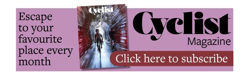Cyclist banner saying 'escape to your favourite place every month', click here to subscribe'