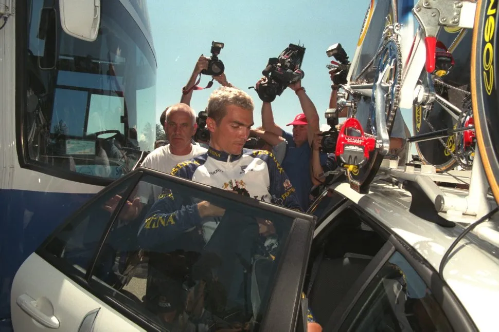 French cyclist Richard Virenque, getting into the Festina team car at the 1998 Tour de France