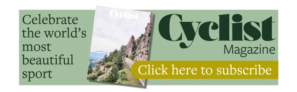 Cyclist banner saying 'celebrate the world's most beautiful sport, click here to subscribe'