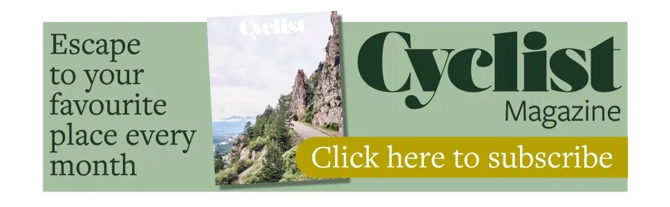 Cyclist banner saying 'escape to your favourite place every month', click here to subscribe'