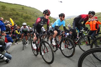 Ineos and Mark Cavendish during Tour de Yorkshire with Chris Lawless in blue leader's jersey