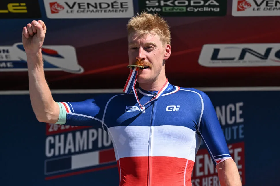 Decathlon-AG2R La Mondiale's French rider Dorian Godon poses with his medal after winning the men's Elite race of the French National Road Cycling championships, in Les Herbiers, western France, on June 29, 2025. (Photo by Sebastien Salom-Gomis / AFP) (Photo by SEBASTIEN SALOM-GOMIS/AFP via Getty Images)