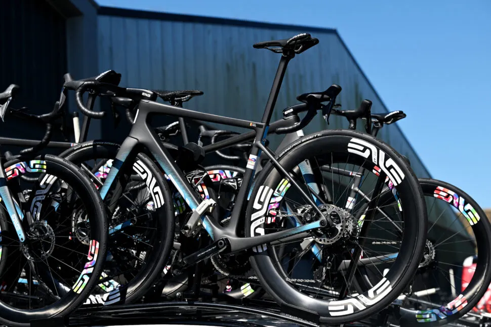 A black Enve bike clamped onto a car roof