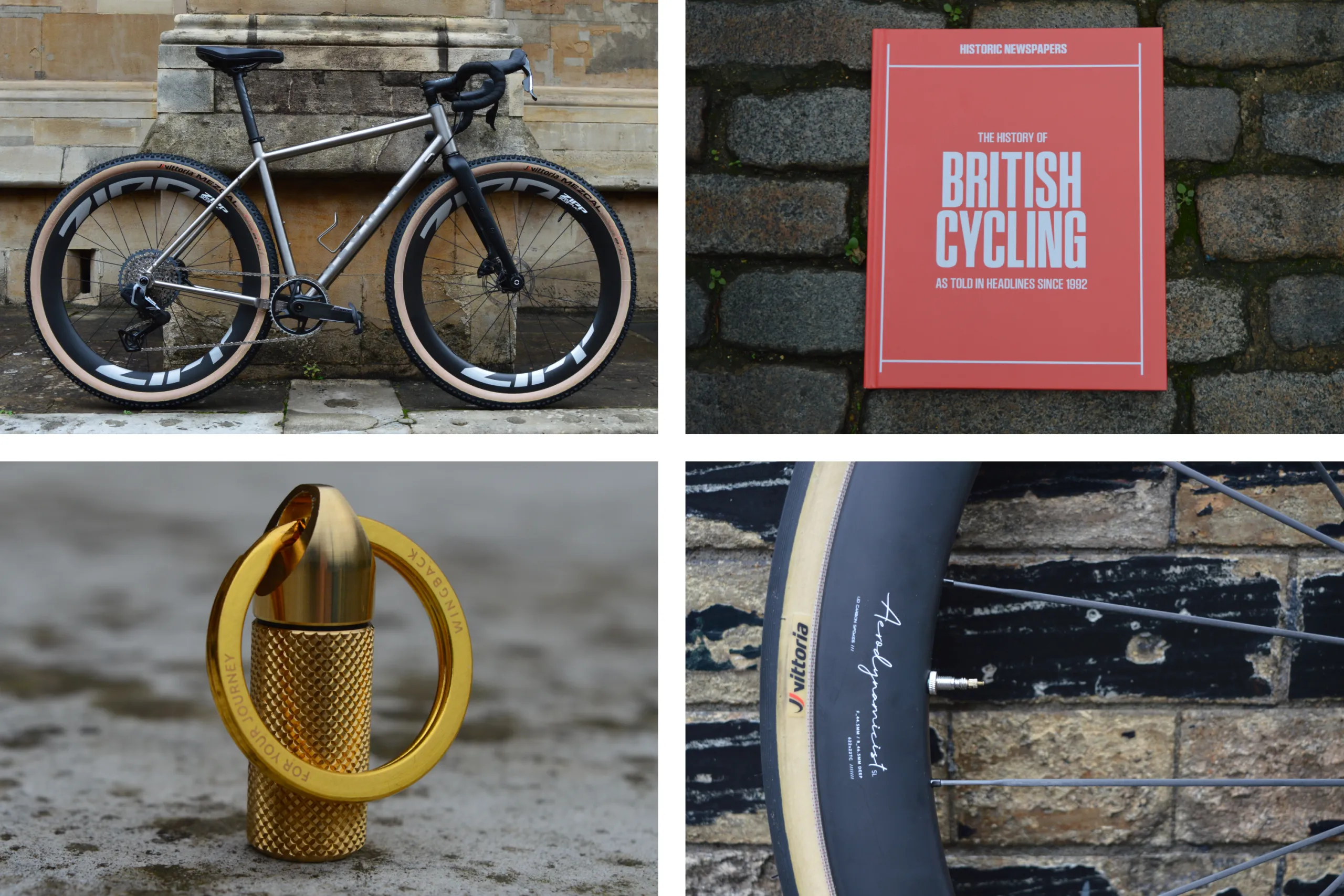 In The Drops: Gloria titanium gravel bike, History of British Cycling book, Hunt Aerodynamicist wheels, Wingback key chache and Brad Stank